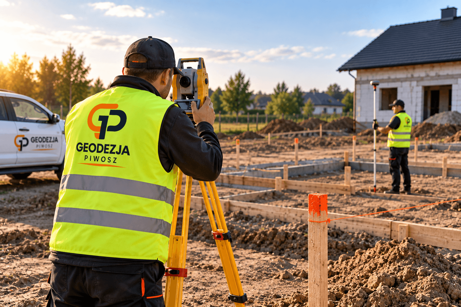 Geodeta Geodezja Piwosz podczas pomiarów nowoczesnym tachimetrem w terenie